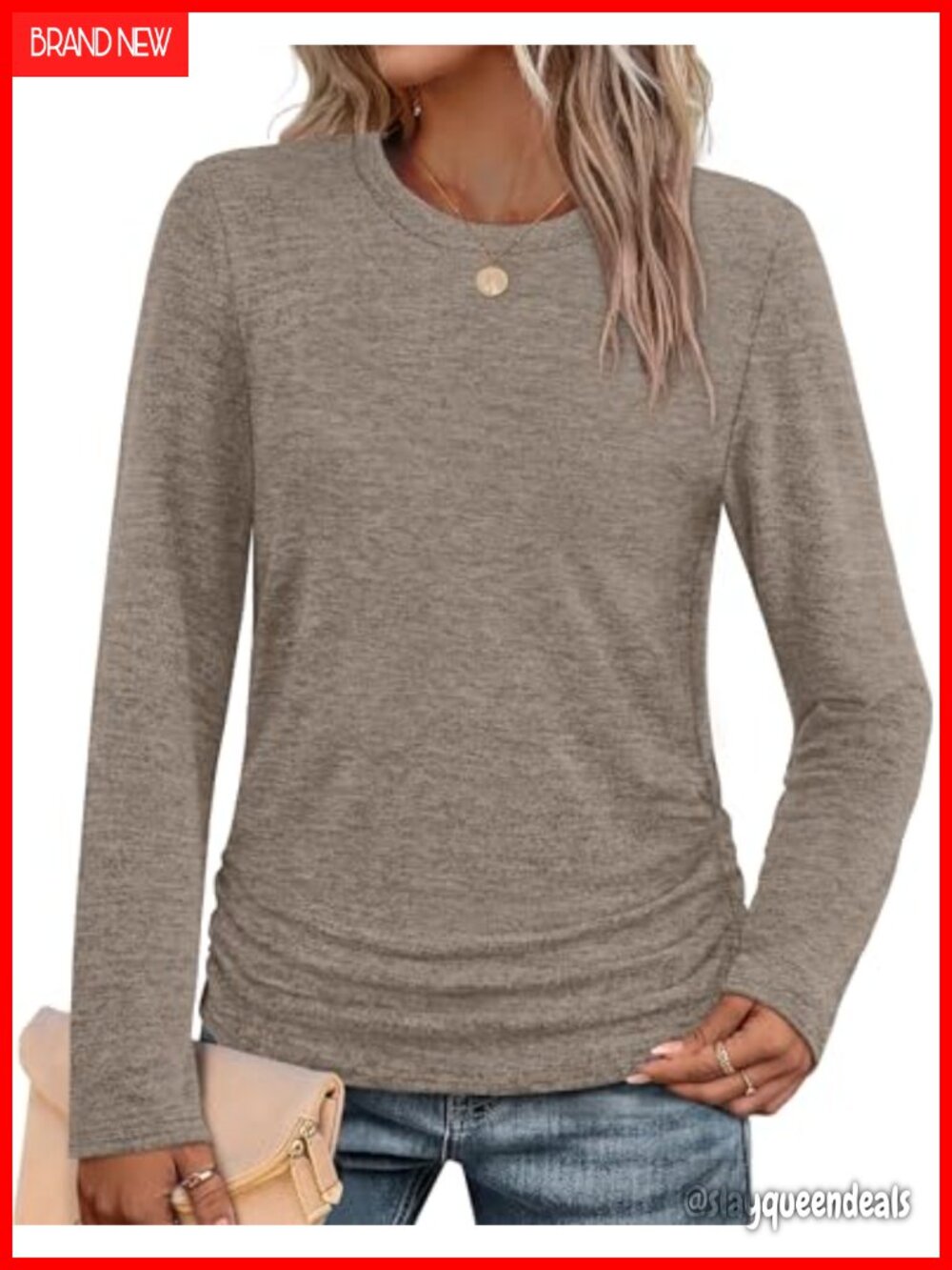 Womens Ruched Long Sleeve Tunic Sweater Crew Neck Pullover